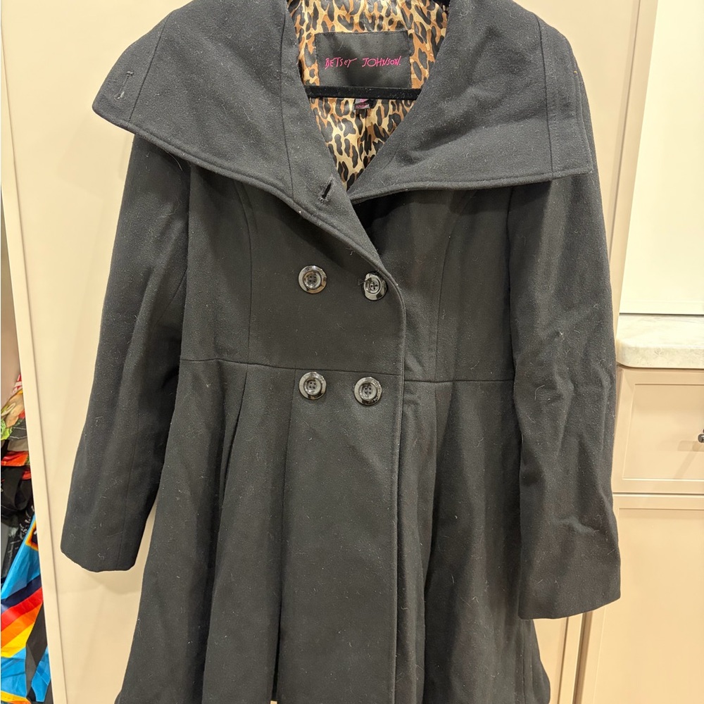 Betsey Johnson Black Coat with Leopard Print Lining
